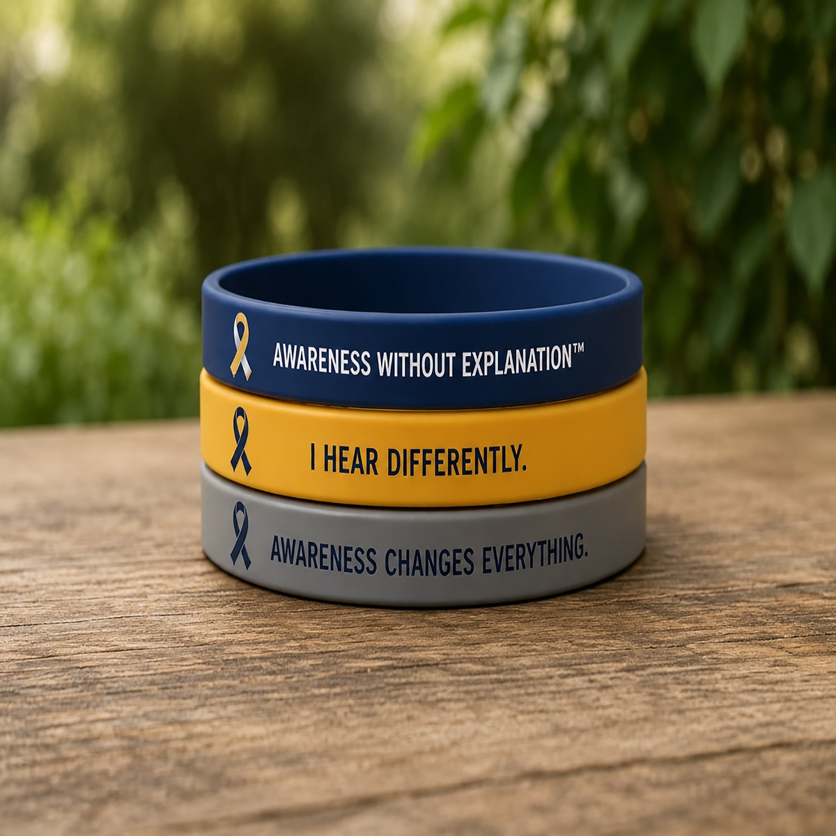 Silicone Awareness Bracelets in navy, gold, and gray