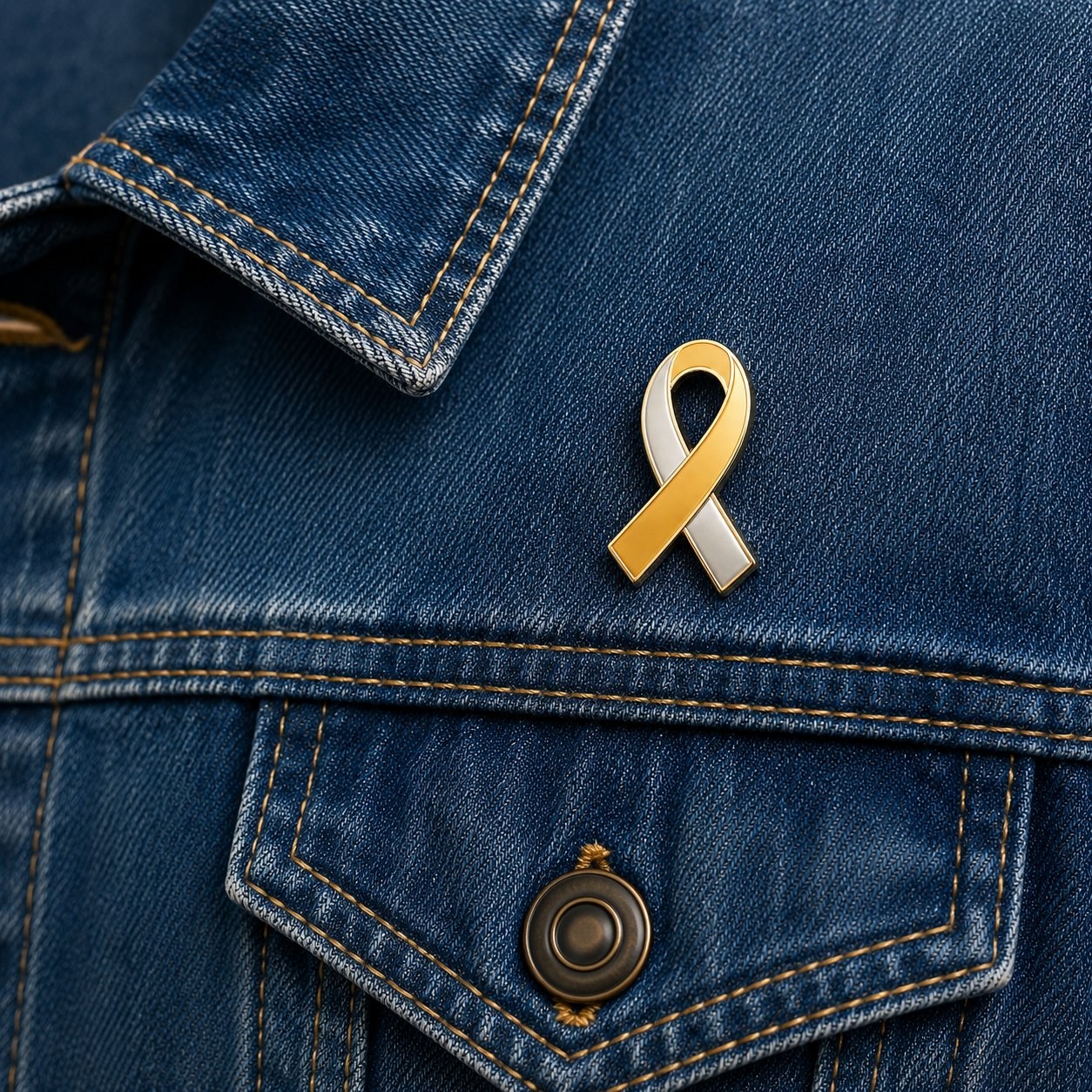 Hearing Ribbon awareness enamel pin on denim